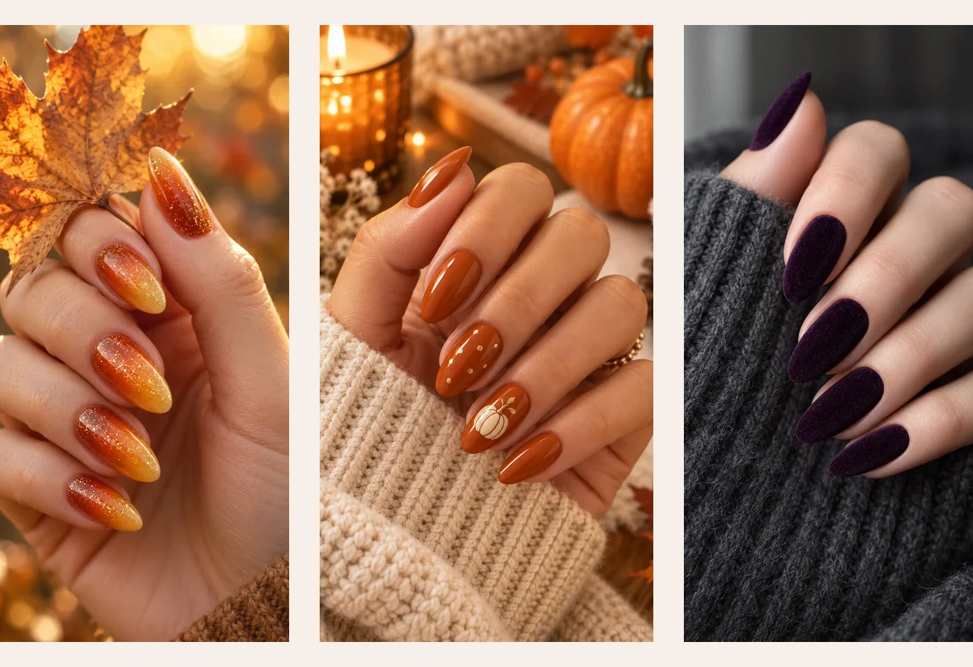Collage of warm brown orange and deep plum fall nail ideas