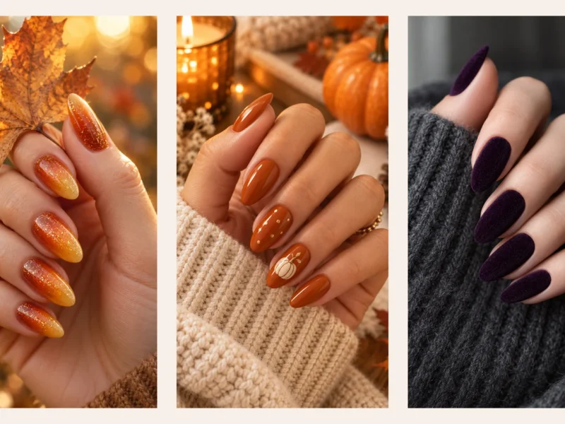 Collage of warm brown orange and deep plum fall nail ideas