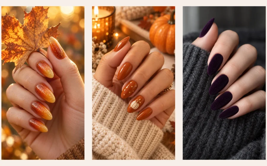 Collage of warm brown orange and deep plum fall nail ideas