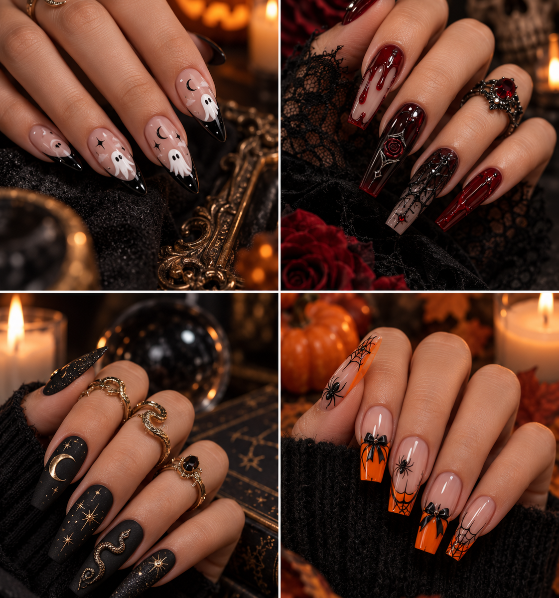 21 Halloween nail ideas featuring ghost, pumpkin, gothic, vampire, spiderweb and chrome manicures