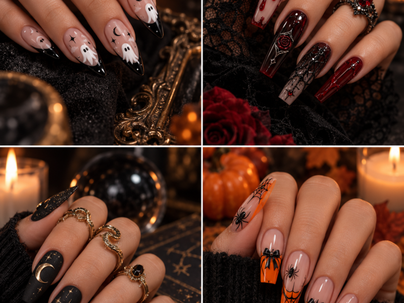 21 Halloween nail ideas featuring ghost, pumpkin, gothic, vampire, spiderweb and chrome manicures