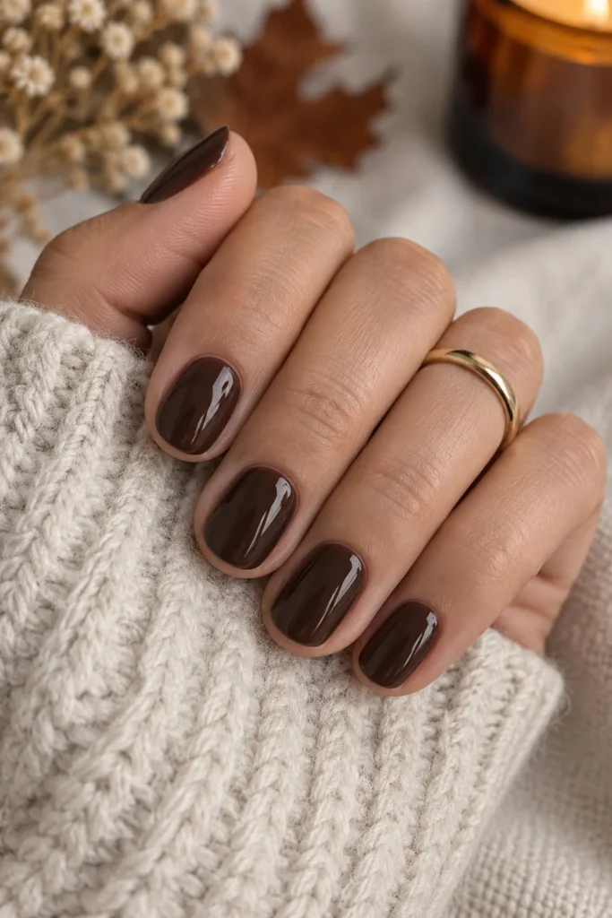 Glossy dark espresso brown fall nails on a rounded short manicure