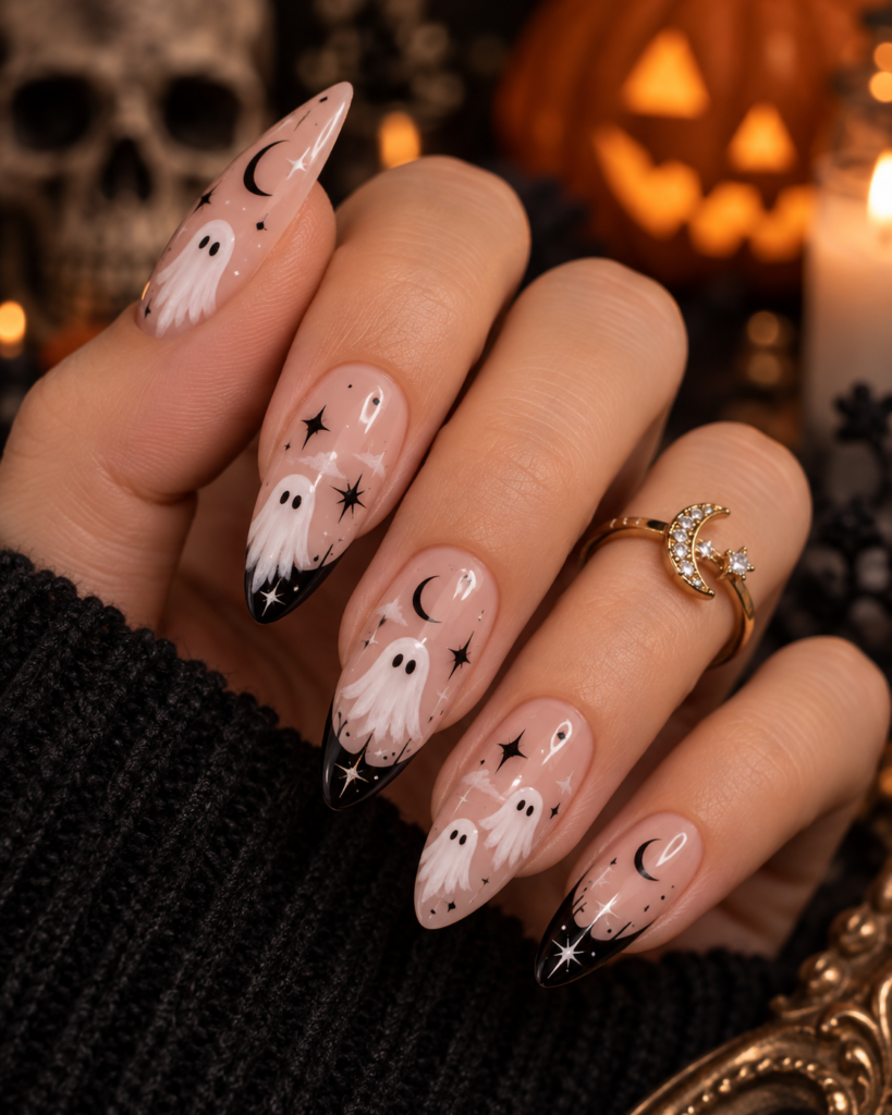 Cute ghost and star Halloween nails on glossy nude manicure