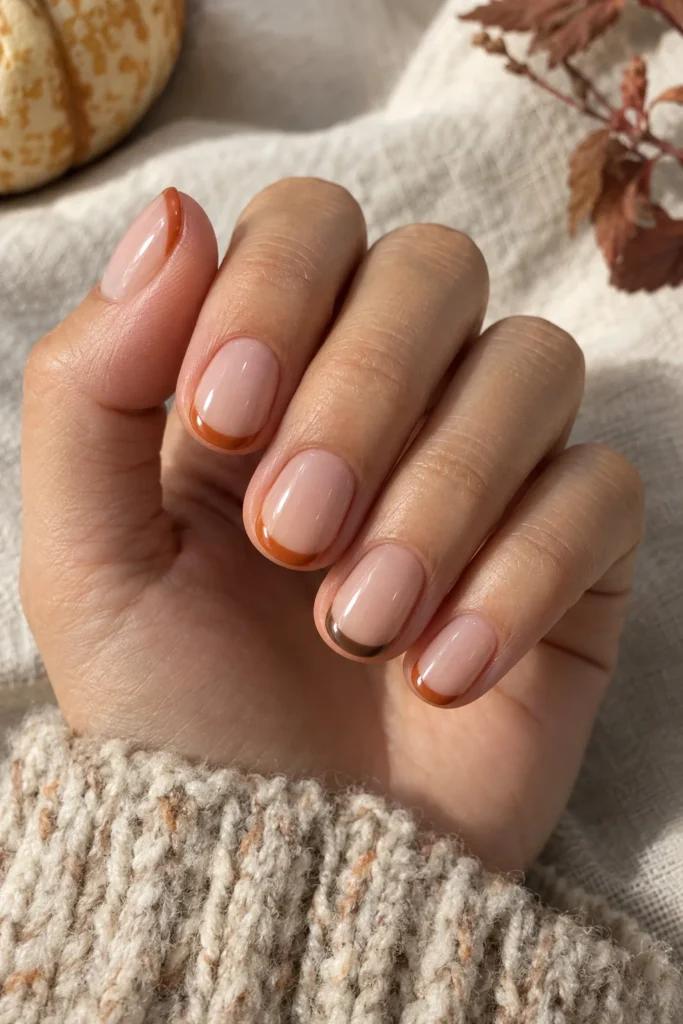 Warm maple brown French tip nails over a sheer neutral almond manicure
