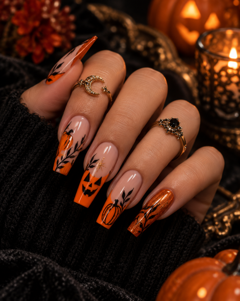 Orange pumpkin Halloween nails with glossy autumn nail art