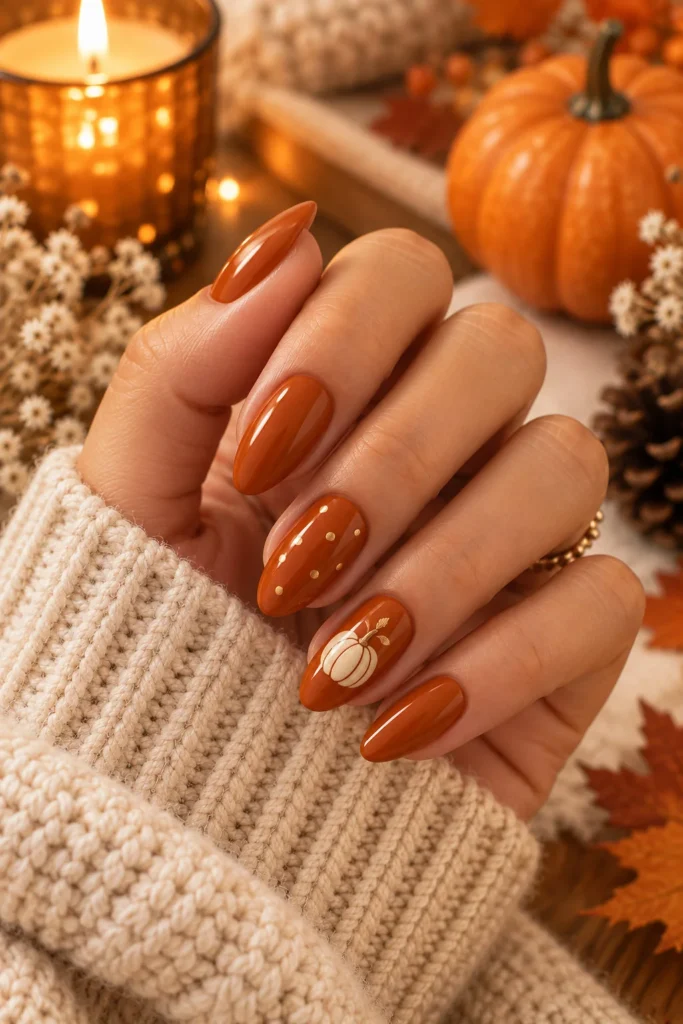 Burnt orange fall nails with a small pumpkin accent design