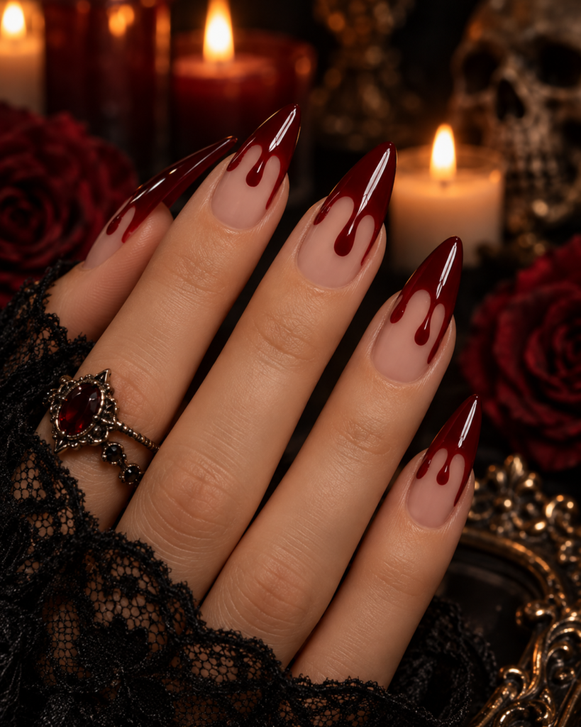 Deep red blood drip Halloween nails with nude stiletto manicure