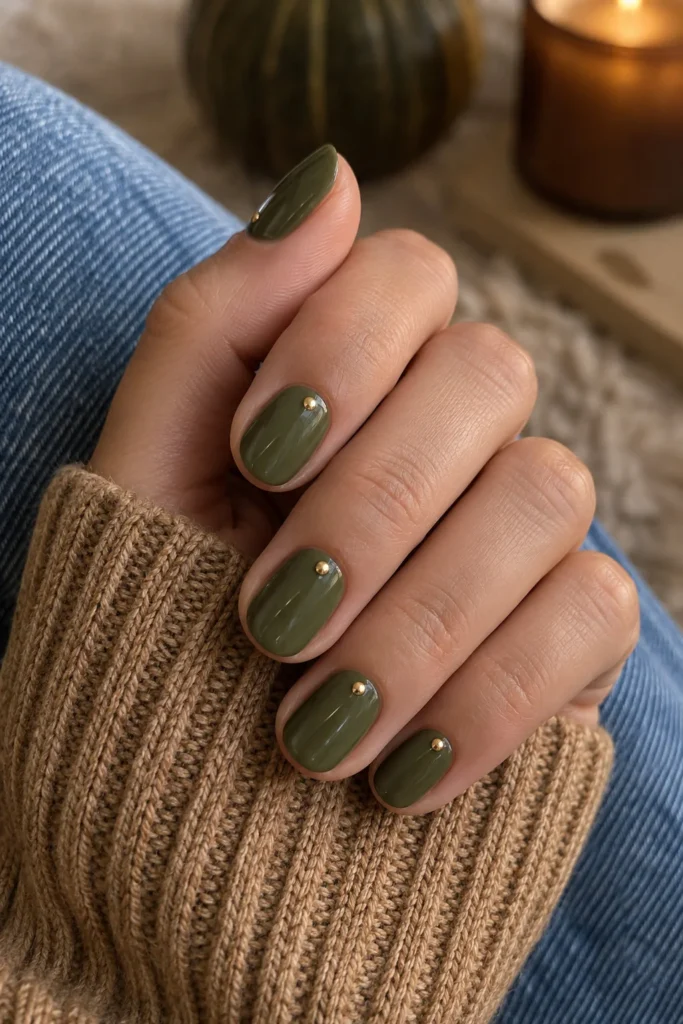 Muted olive green short fall nails with a tiny gold dot near the cuticle