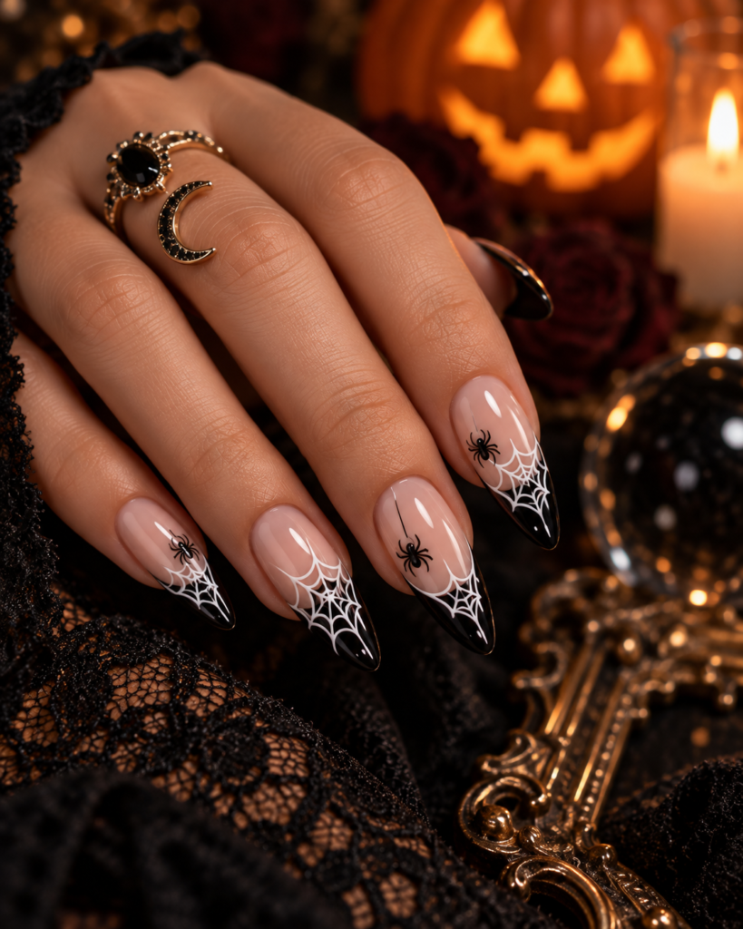 Black spiderweb French tip Halloween nails with nude almond manicure