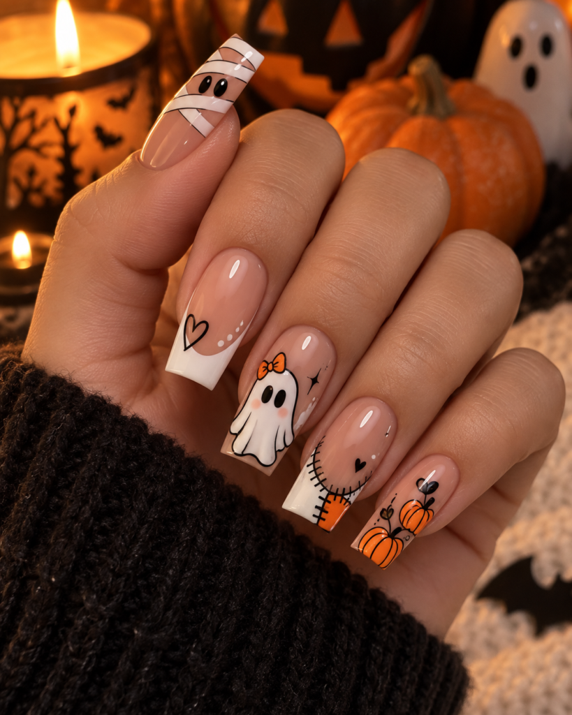 Cute mix and match Halloween nails with ghost pumpkin and mummy art