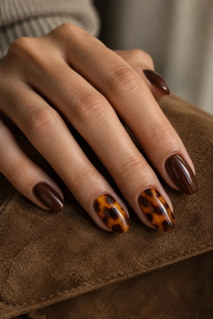 Chocolate brown manicure with translucent amber tortoiseshell accent nails