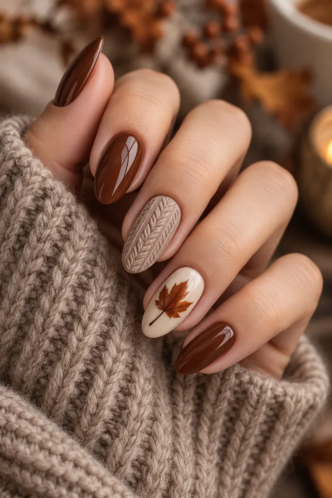 Chocolate brown almond nails with a raised sweater texture and autumn leaf accent