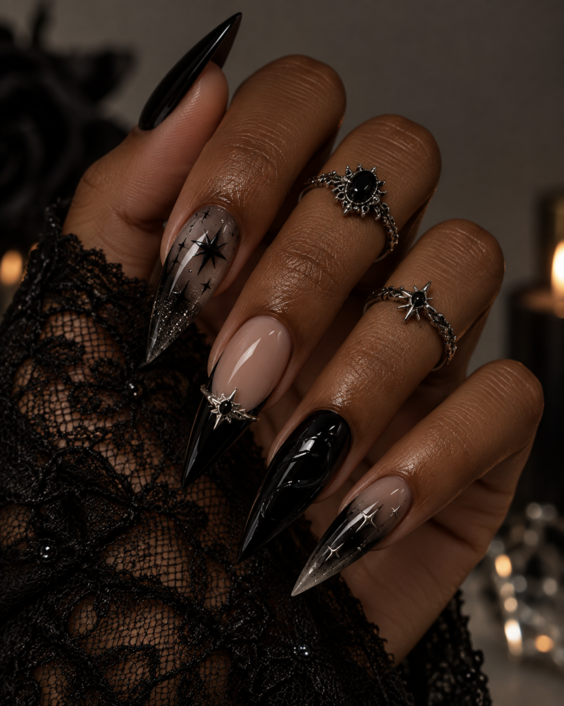 Gothic black and silver star Halloween stiletto nails