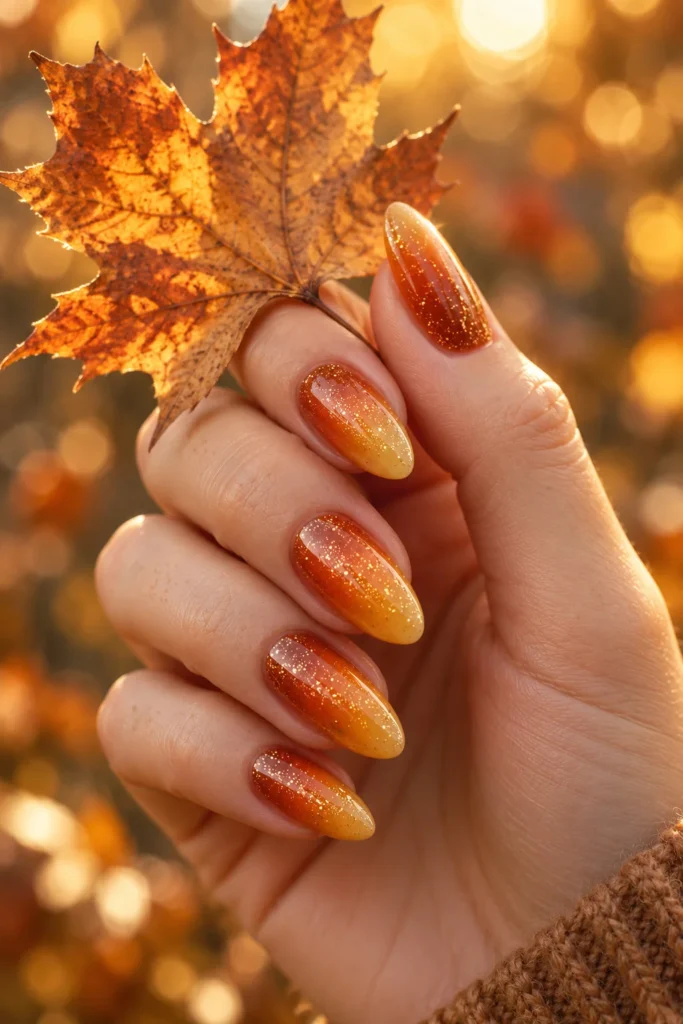 Luminous amber fall nails with a glowing centre and maple leaf accent