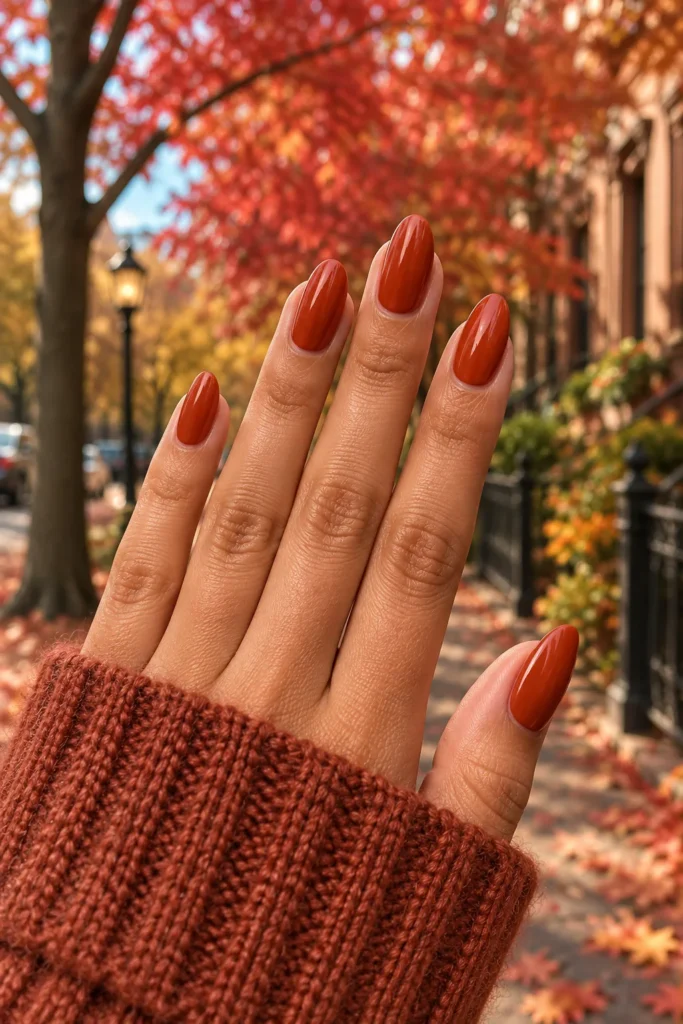 Glossy terracotta short nails in a warm fired-clay fall colour