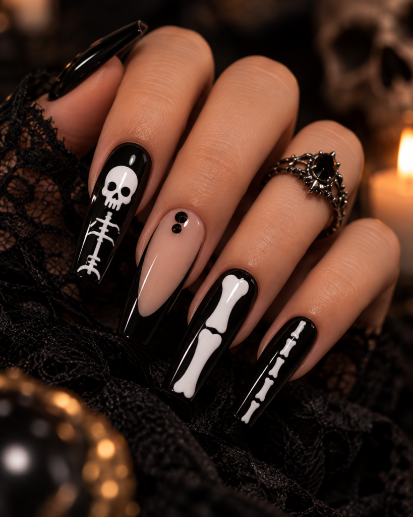 Black and white skeleton bone Halloween nail design