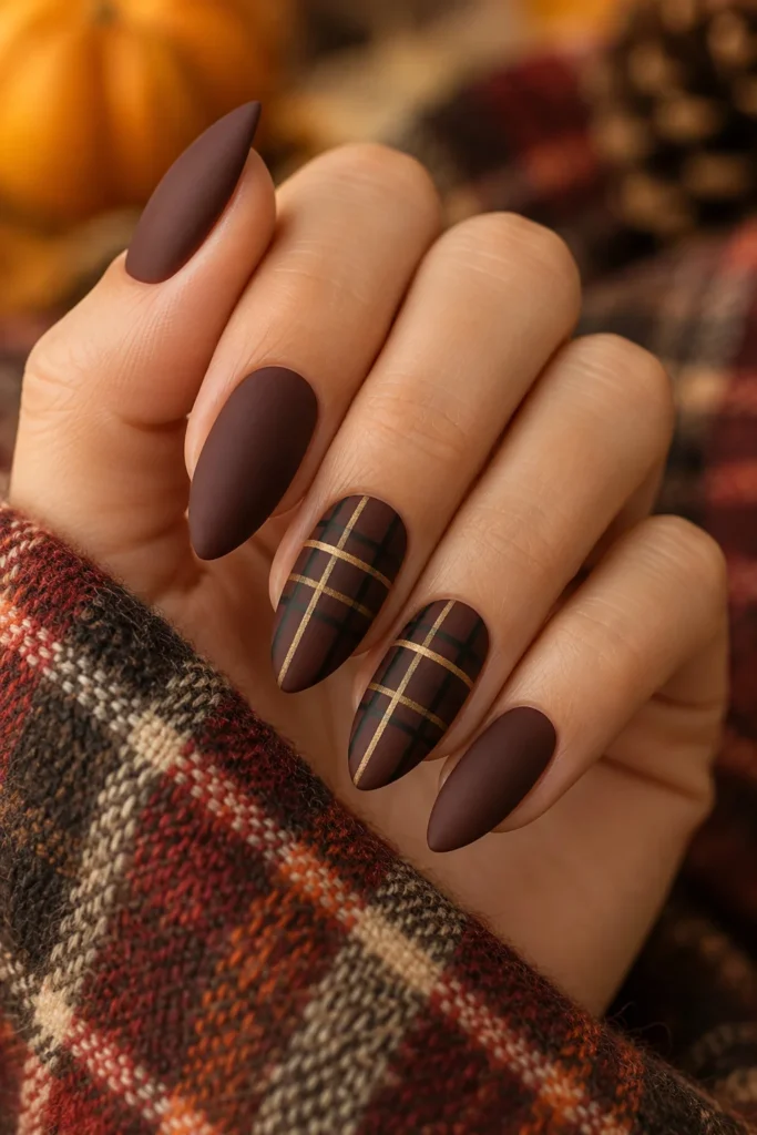 Chocolate brown fall nails with fine beige plaid accent designs