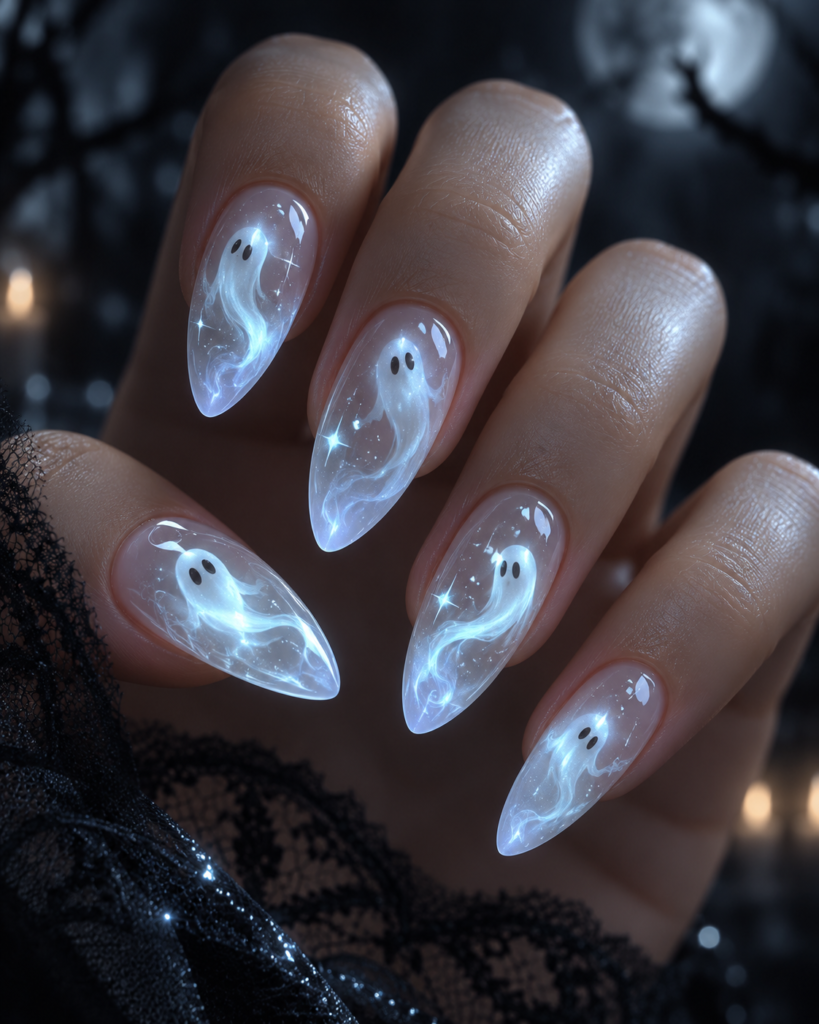 Glowing translucent ghost Halloween nails with blue ethereal effect