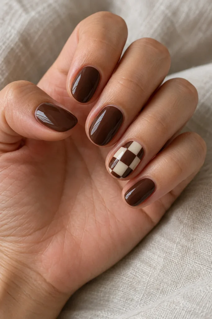 Short brown nails with a chocolate and warm cream checkerboard accent
