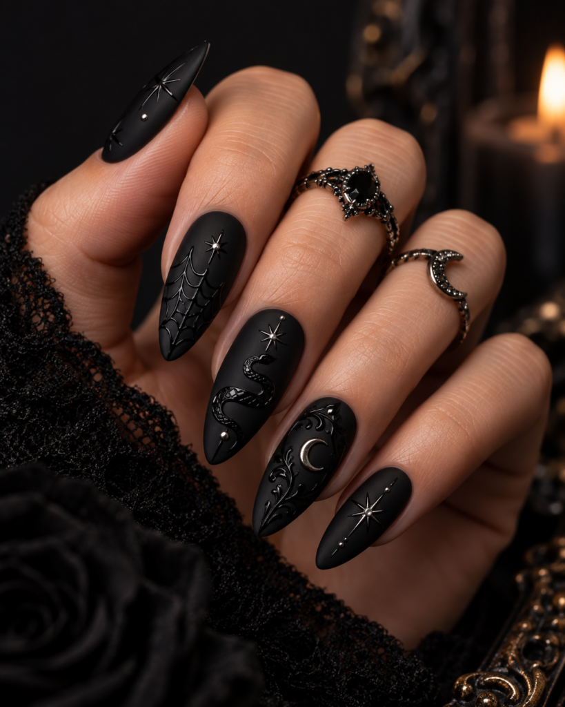 Matte black gothic Halloween nails with subtle embossed details
