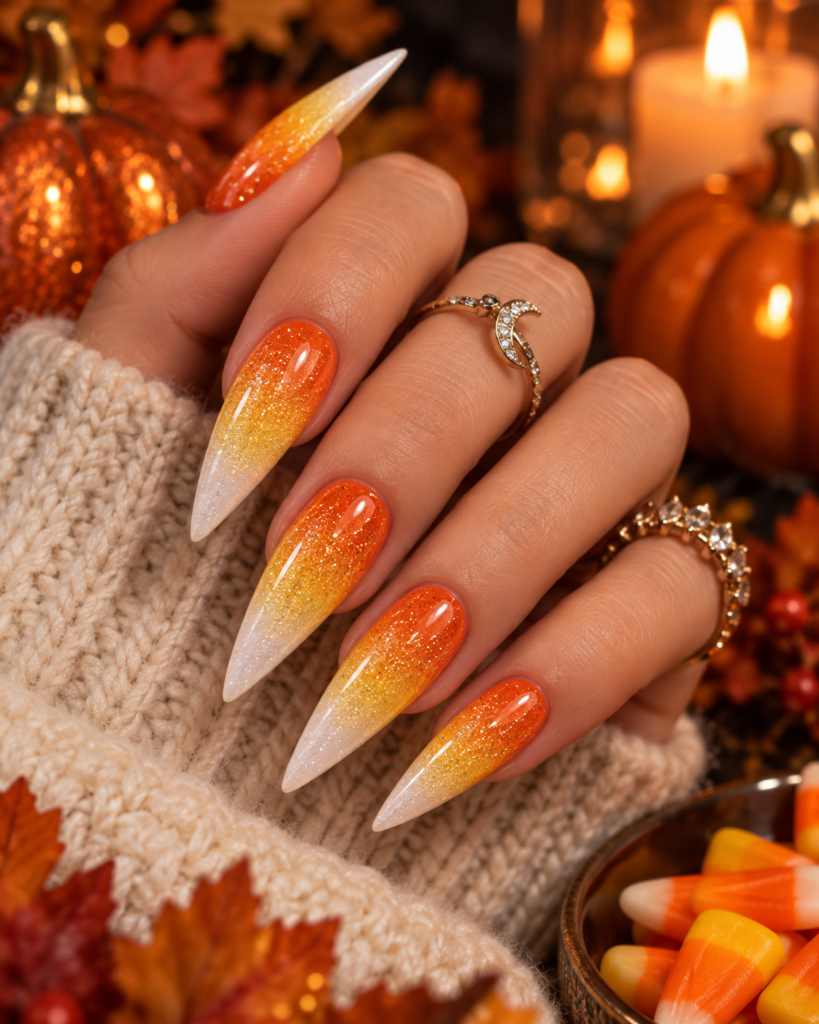 Candy corn Halloween nails with orange yellow and white glitter gradient
