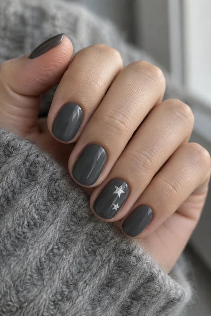 Smoky grey autumn nails with tiny scattered silver star details