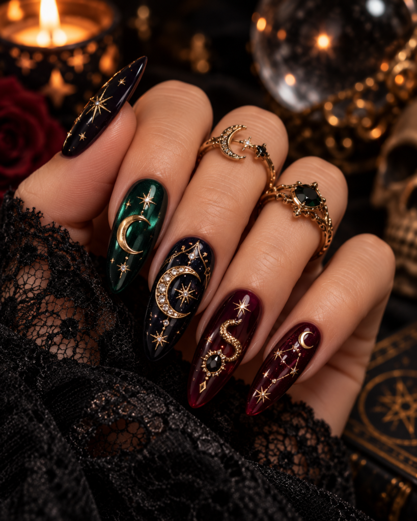 Celestial witchy Halloween nails with moon stars and dark jewel tones