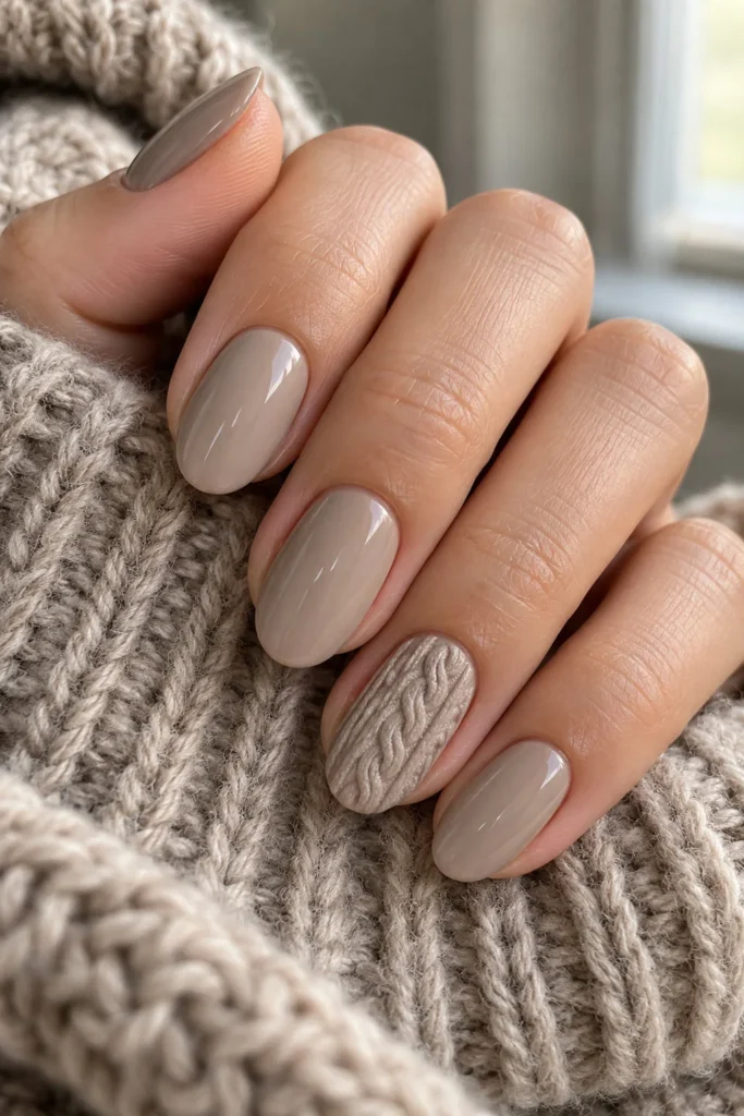 Neutral fall manicure with one raised cable-knit sweater accent nail