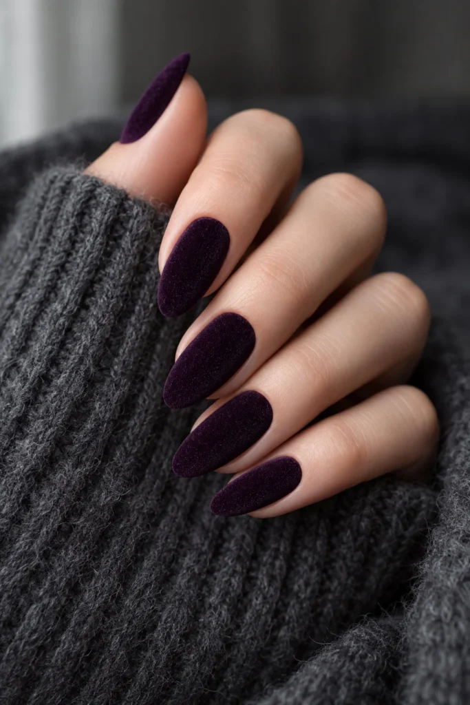 Deep aubergine purple fall nails with a soft velvet-like finish