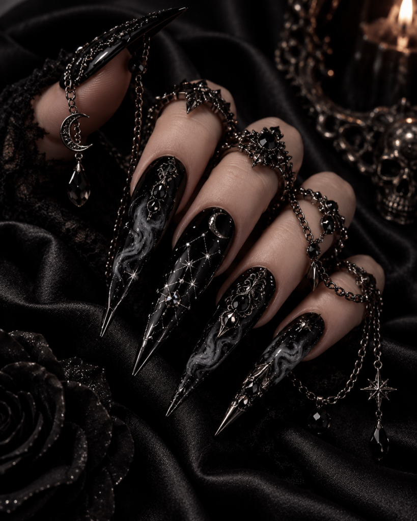 Luxury black gothic stiletto nails with celestial silver details