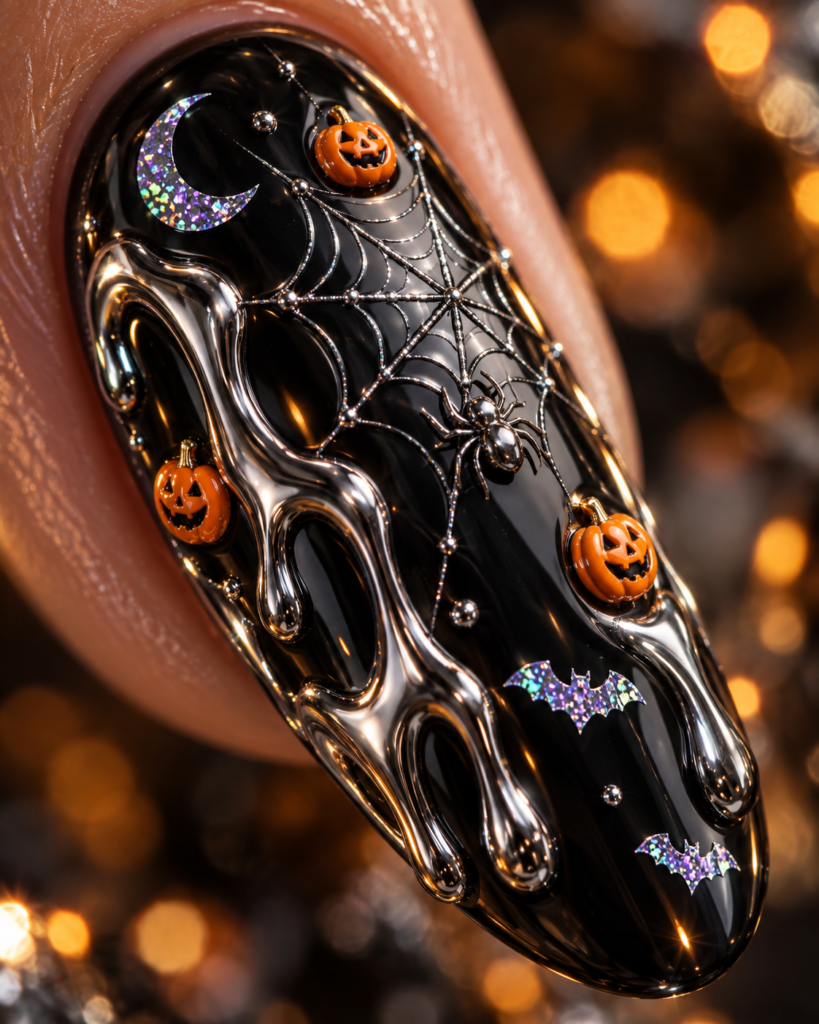 Black chrome 3D Halloween nail with spiderweb pumpkins and metallic details