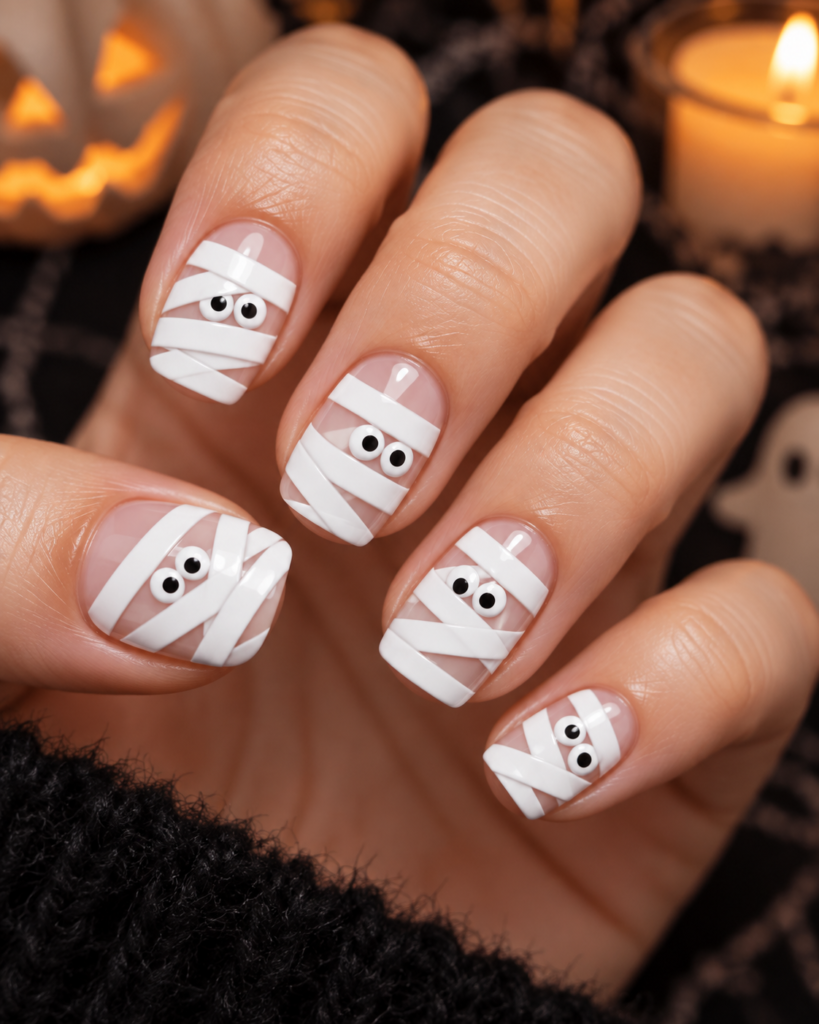 Cute white mummy Halloween nails with cartoon eyes
