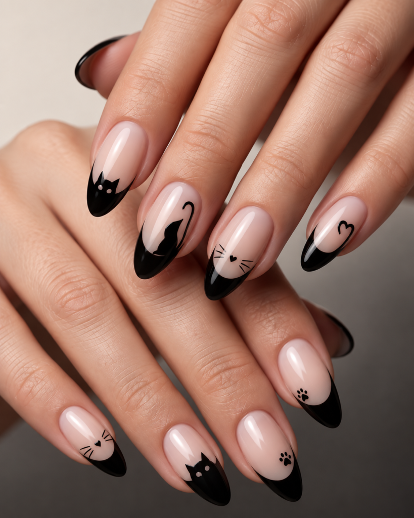 Black cat French Halloween nails with nude almond shaped manicure