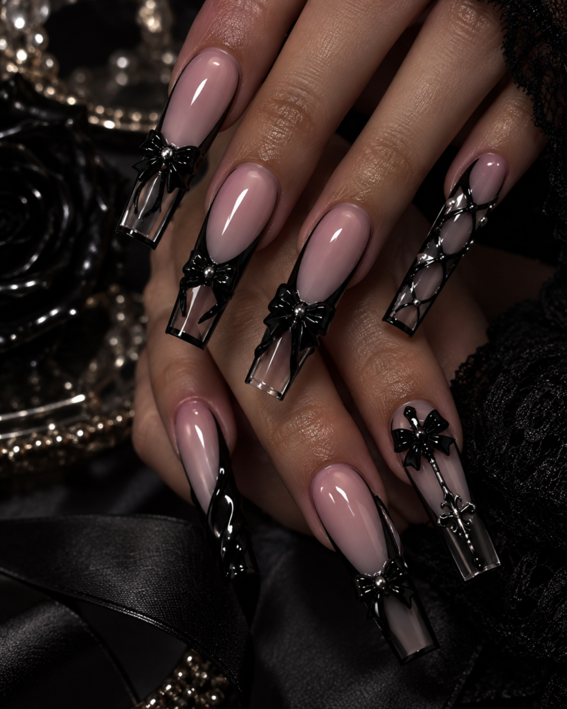 Gothic black bow Halloween nails with sheer nude coffin tips