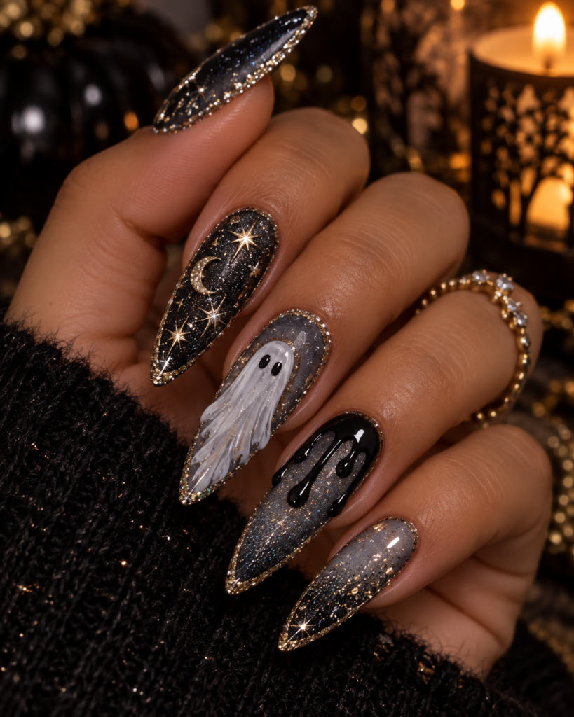 Glam ghost Halloween nails with black drips glitter and celestial details