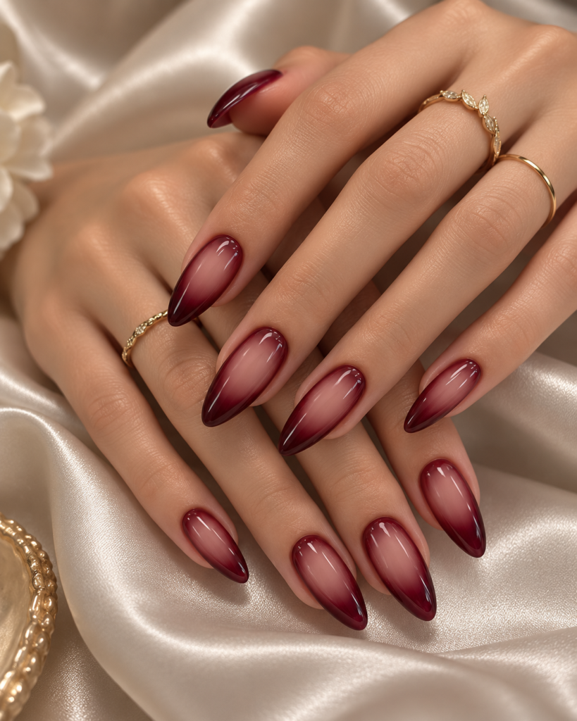 Glossy burgundy aura Halloween nails with wine red almond tips