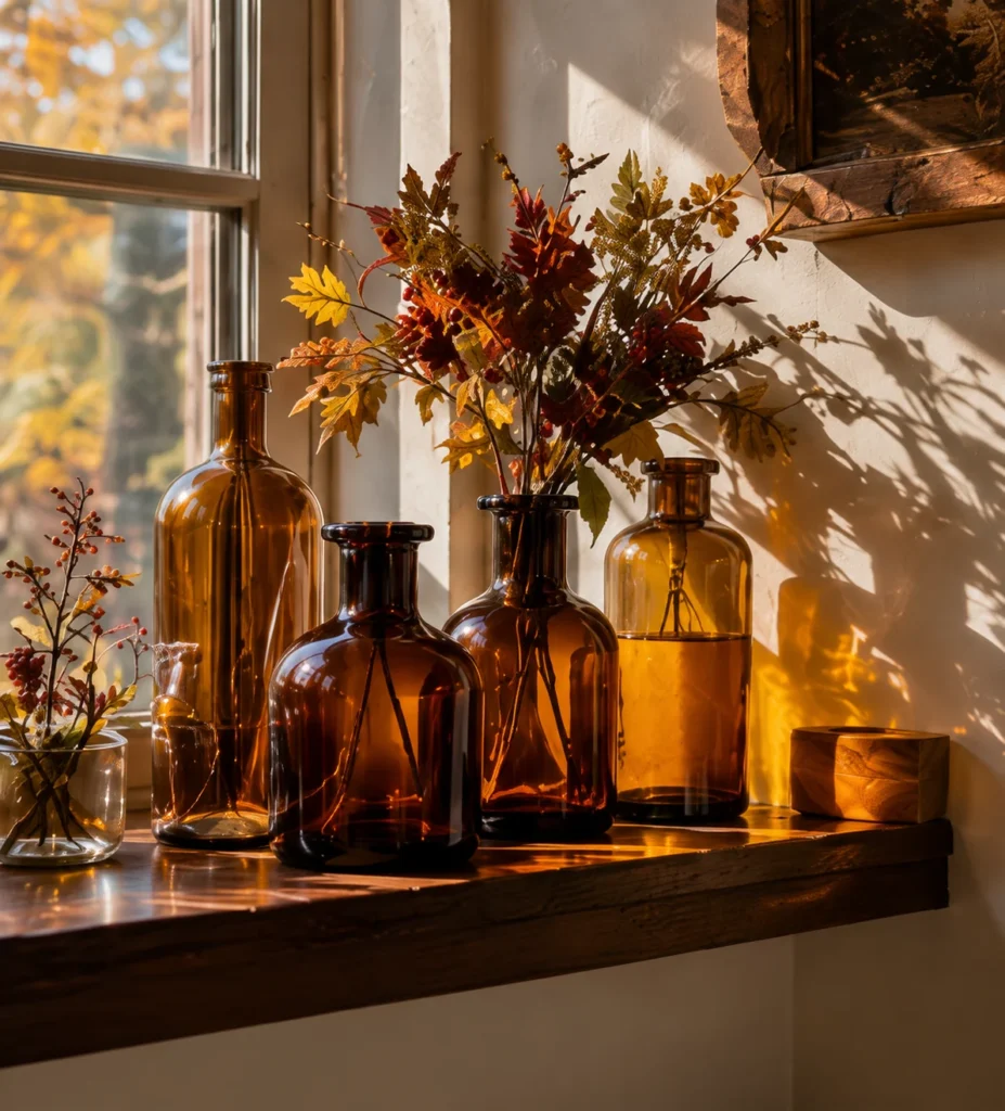 Amber glass bottles and vases catching warm autumn window light