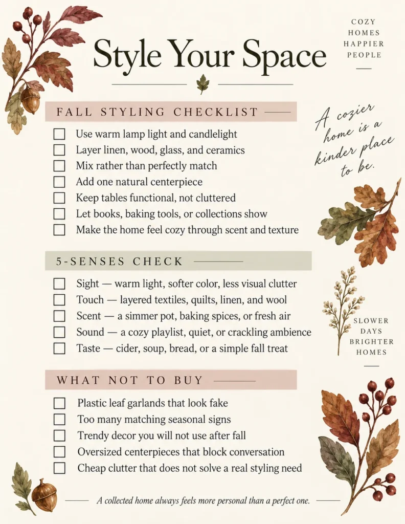 Fall styling printable checklist with five-senses check and what-not-to-buy list