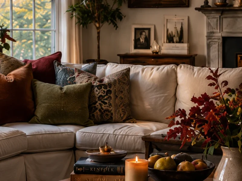 Warm collected living room with layered textiles and candlelight