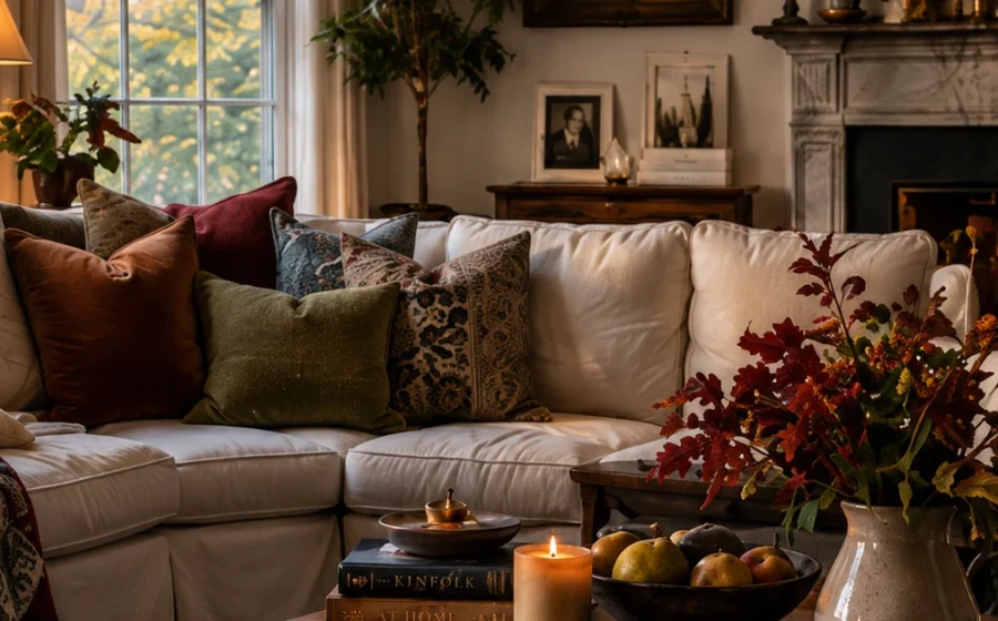 Warm collected living room with layered textiles and candlelight