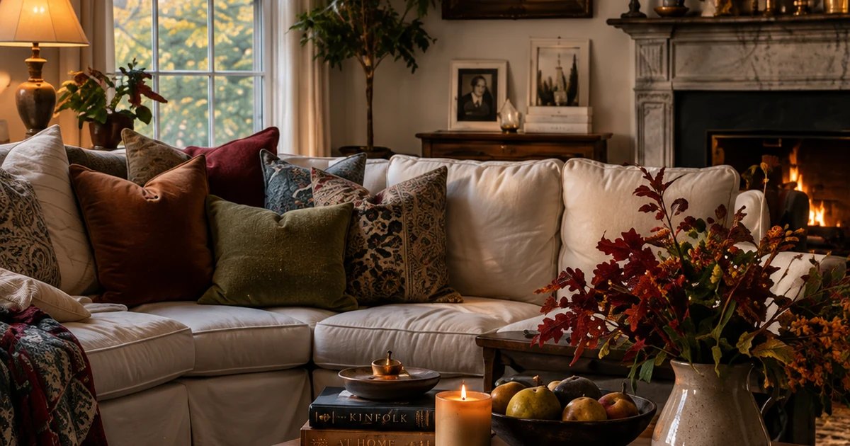 Warm collected living room with layered textiles and candlelight