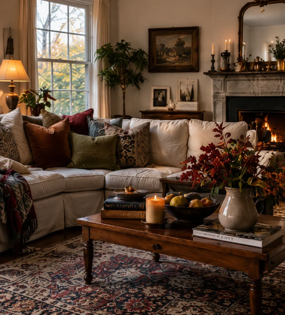 Warm collected living room styled for fall with layered textiles and candlelight