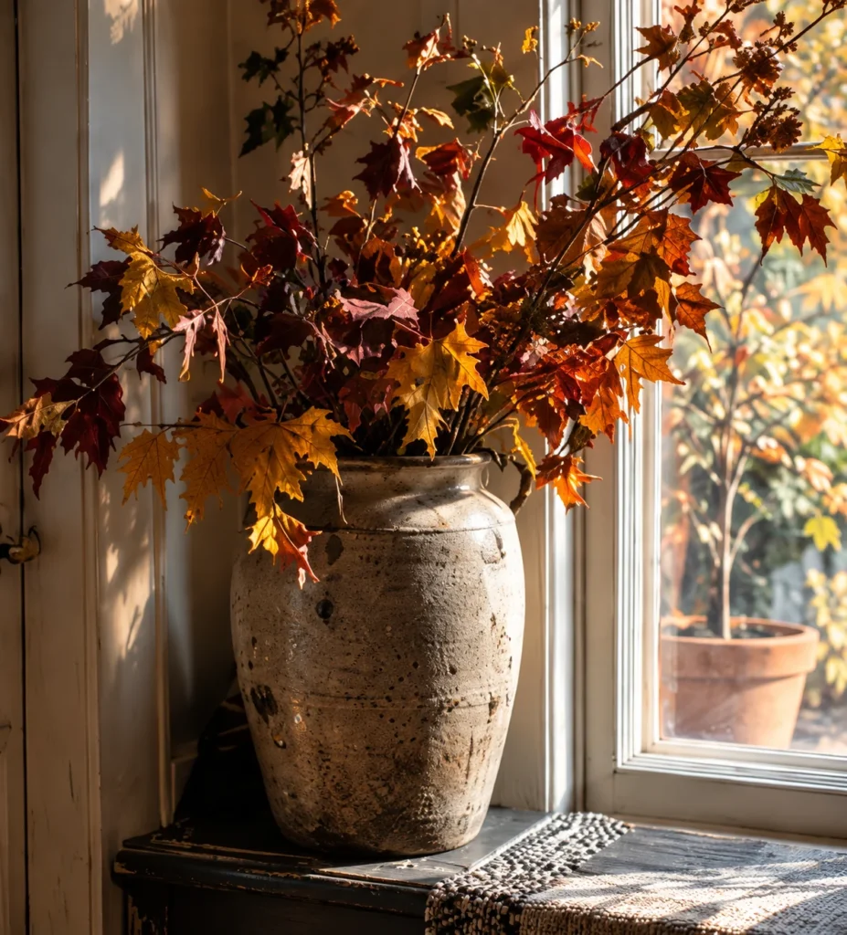 Large ceramic vase filled with loose autumn branches beside a window