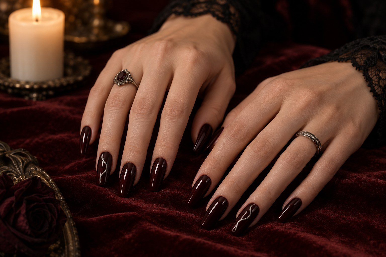Glossy black-cherry coffin nails with fine silver accents on burgundy velvet