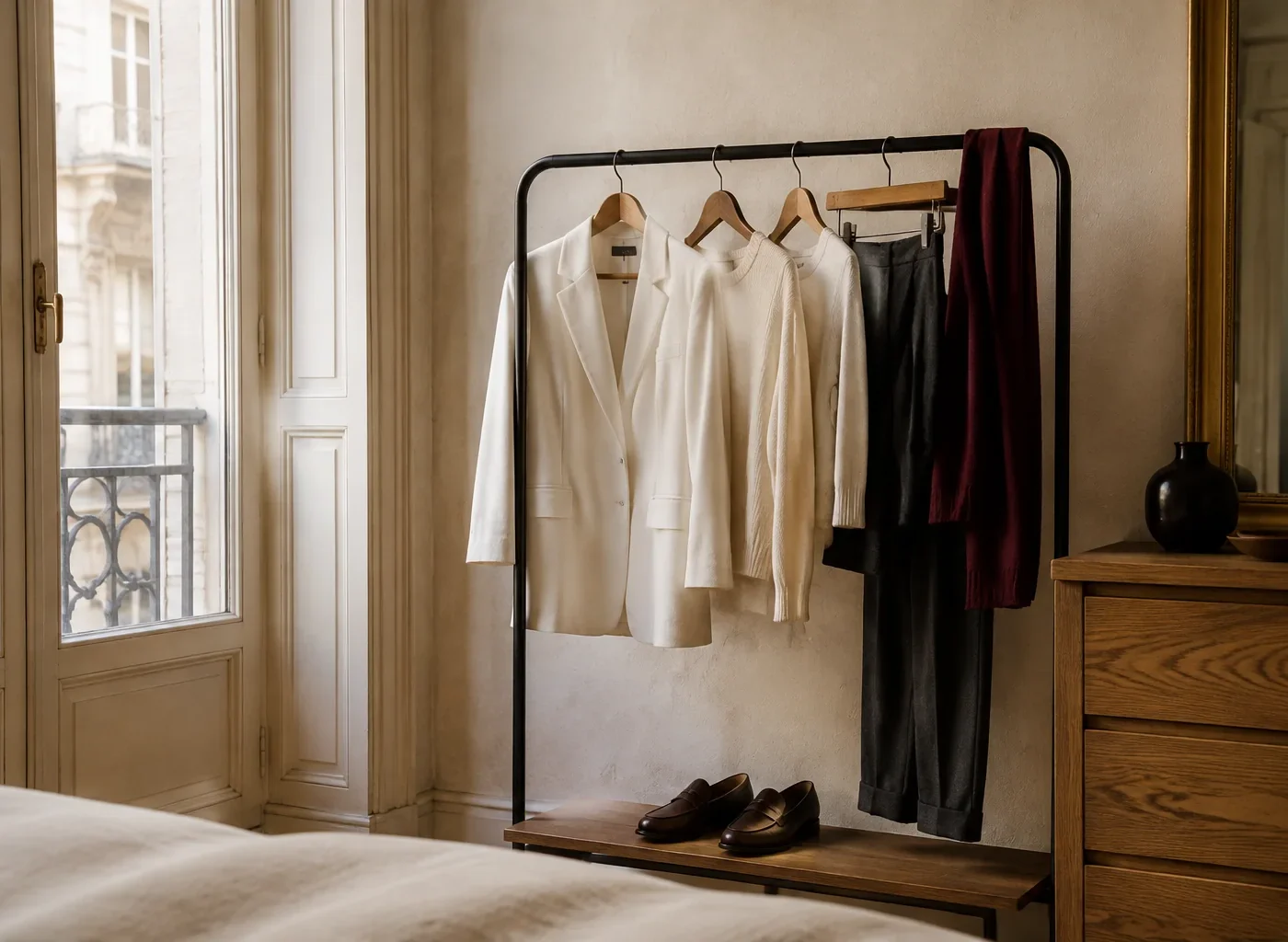 Ivory blazer, cream knitwear, charcoal trousers and burgundy scarf arranged on a compact wardrobe rail