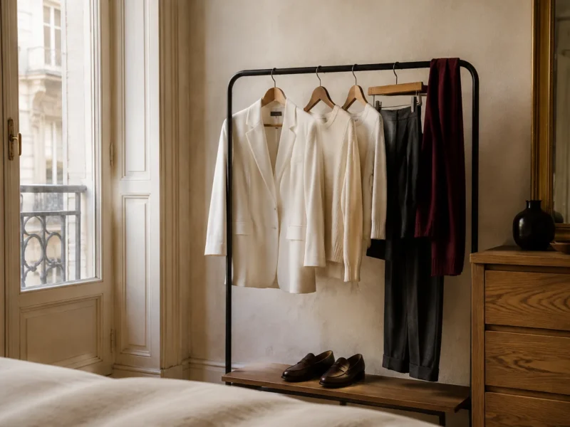 Ivory blazer, cream knitwear, charcoal trousers and burgundy scarf arranged on a compact wardrobe rail