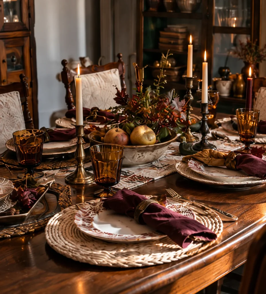 Collected fall dinner table with mixed tableware amber glasses and candlelight
