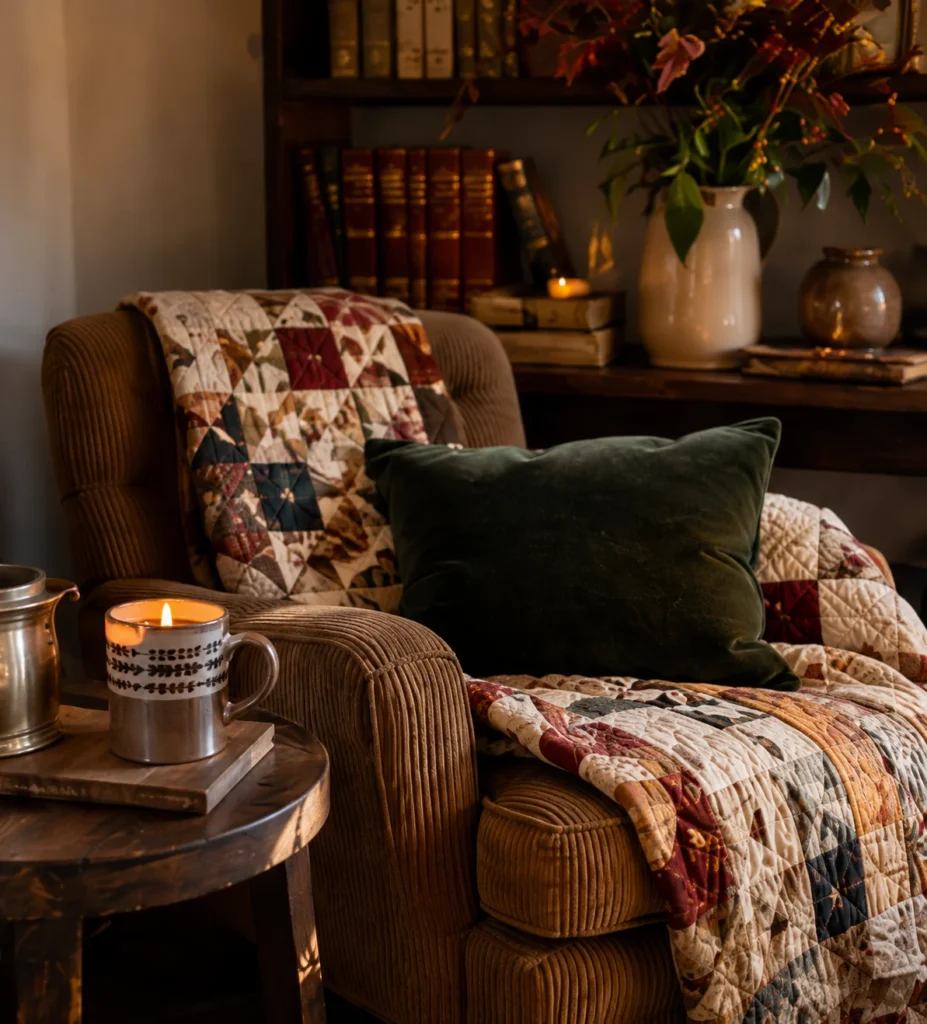 Reading chair layered with an old quilt, books and deep green cushion for fall