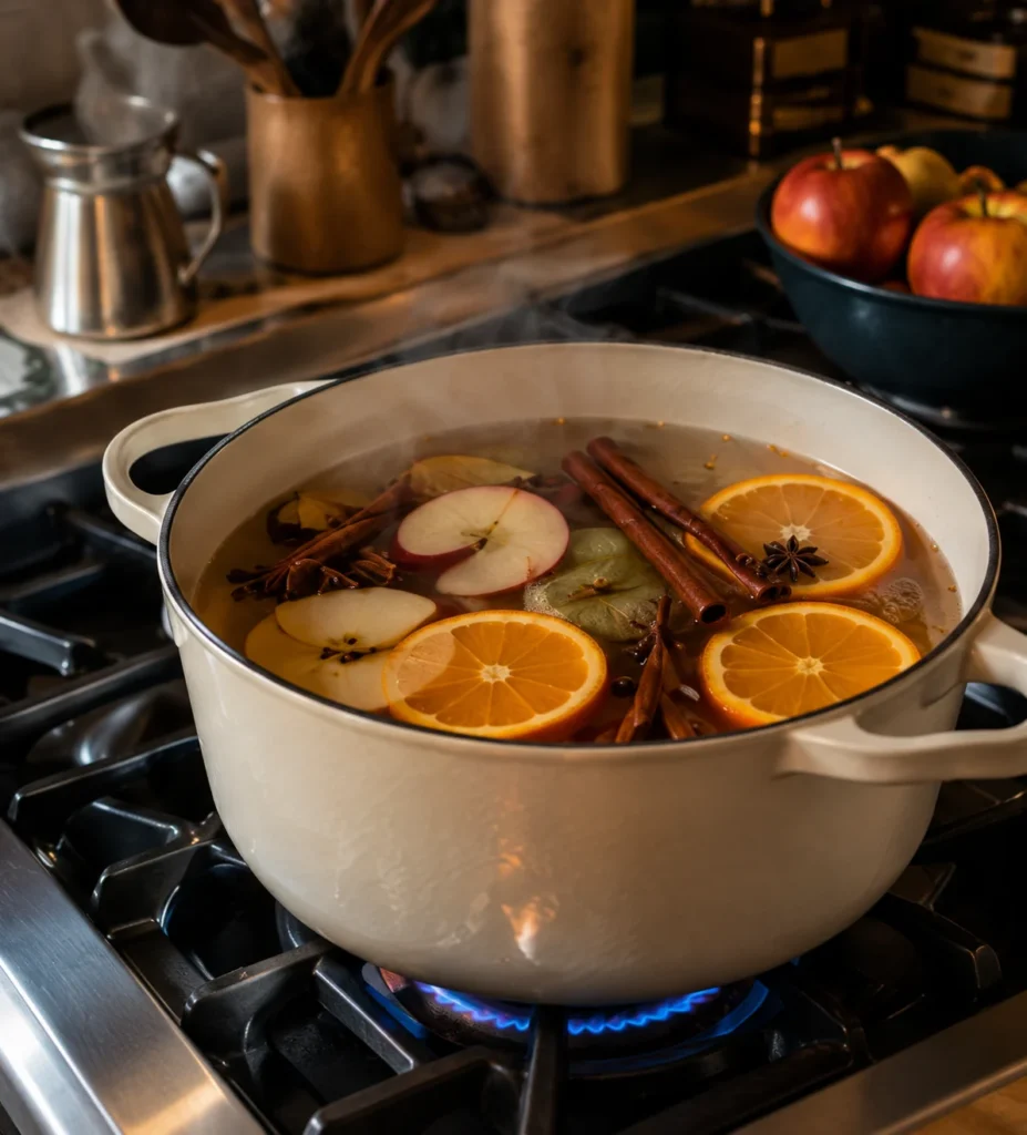 Fall simmer pot with apple orange cinnamon and spices on the stove