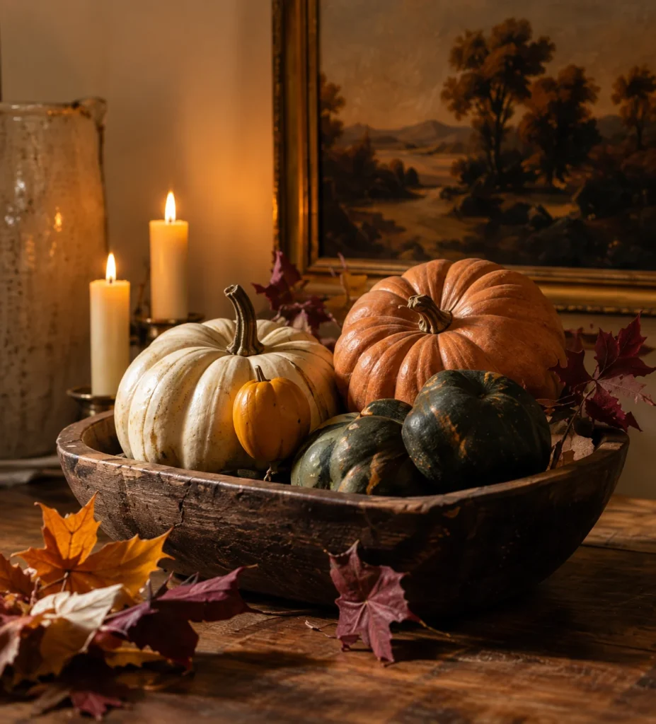 Muted heirloom pumpkins arranged simply in a rustic wooden bowl